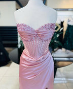Elegant Sheath Sweetheart Sequin Pink Satin Slit Prom Dresses Evening Dress