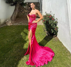 Elegant Sheath Sweetheart Sequin Pink Satin Slit Prom Dresses Evening Dress