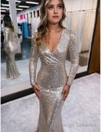 Elegant Sheath V Neck Long Sleeves Sequin Prom Dress