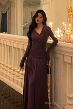 Elegant Sheath V Neckline Grape Long Prom Dresses Birthday Outfits Evening Gown