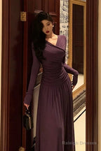 Elegant Sheath V Neckline Grape Long Prom Dresses Birthday Outfits Evening Gown