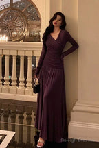 Elegant Sheath V Neckline Grape Long Prom Dresses Birthday Outfits Evening Gown