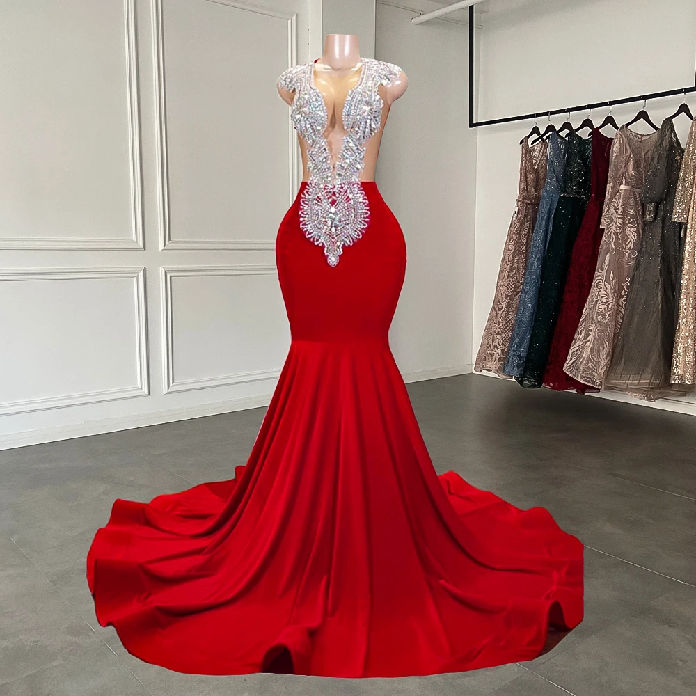 Elegant Sheer Scoop Neckline Luxury Sparkly Silver Handmade Diamond Red Spandex Black Girl Mermaid Long Prom Dress Secondary image