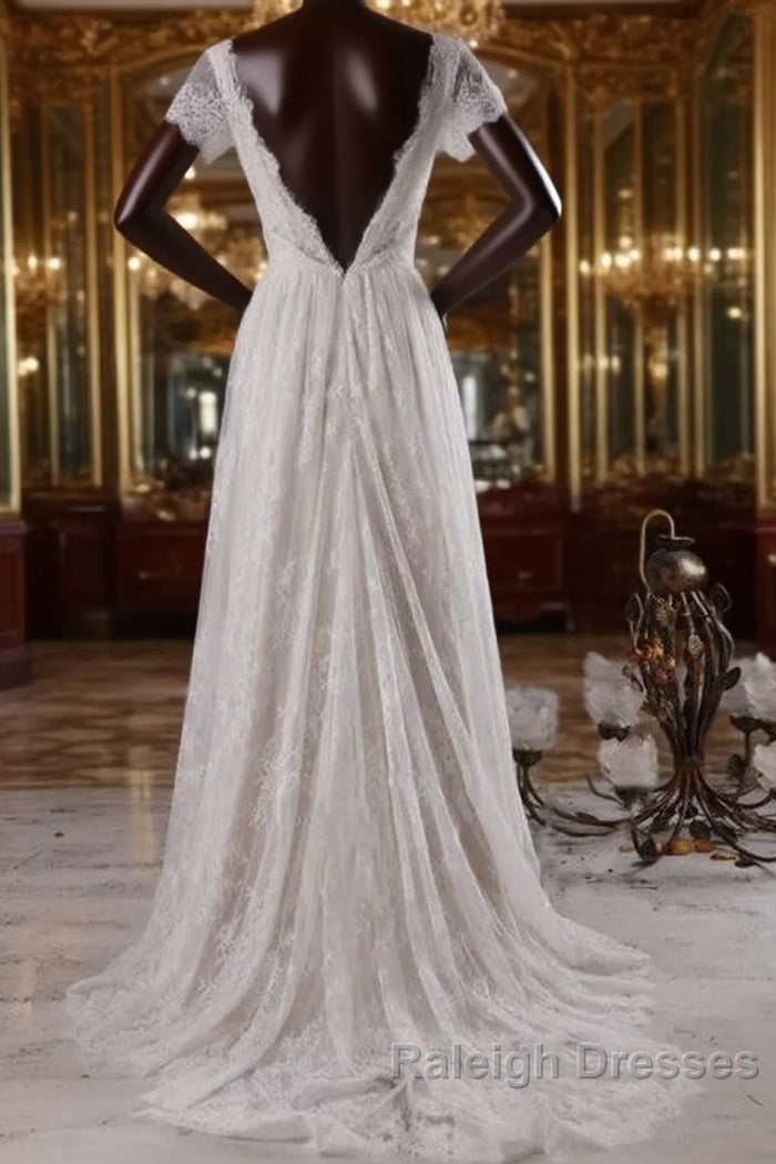 Elegant Short Sleeve A Line Lace Wedding Dresses Main image