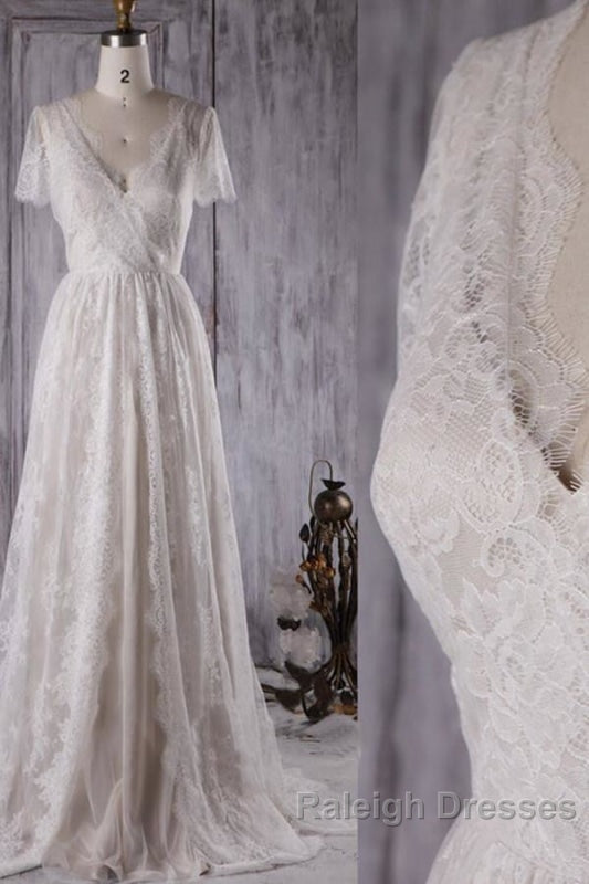 Elegant Short Sleeve A Line Lace Wedding Dresses