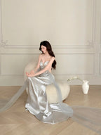 Elegant Silver-Grey Mermaid Strapless Satin Long Formal Prom Dress
