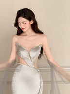 Elegant Silver-Grey Mermaid Strapless Satin Long Formal Prom Dress