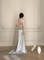 Elegant Silver-Grey Mermaid Strapless Satin Long Formal Prom Dress