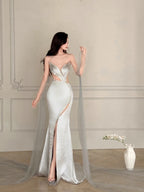 Elegant Silver-Grey Mermaid Strapless Satin Long Formal Prom Dress