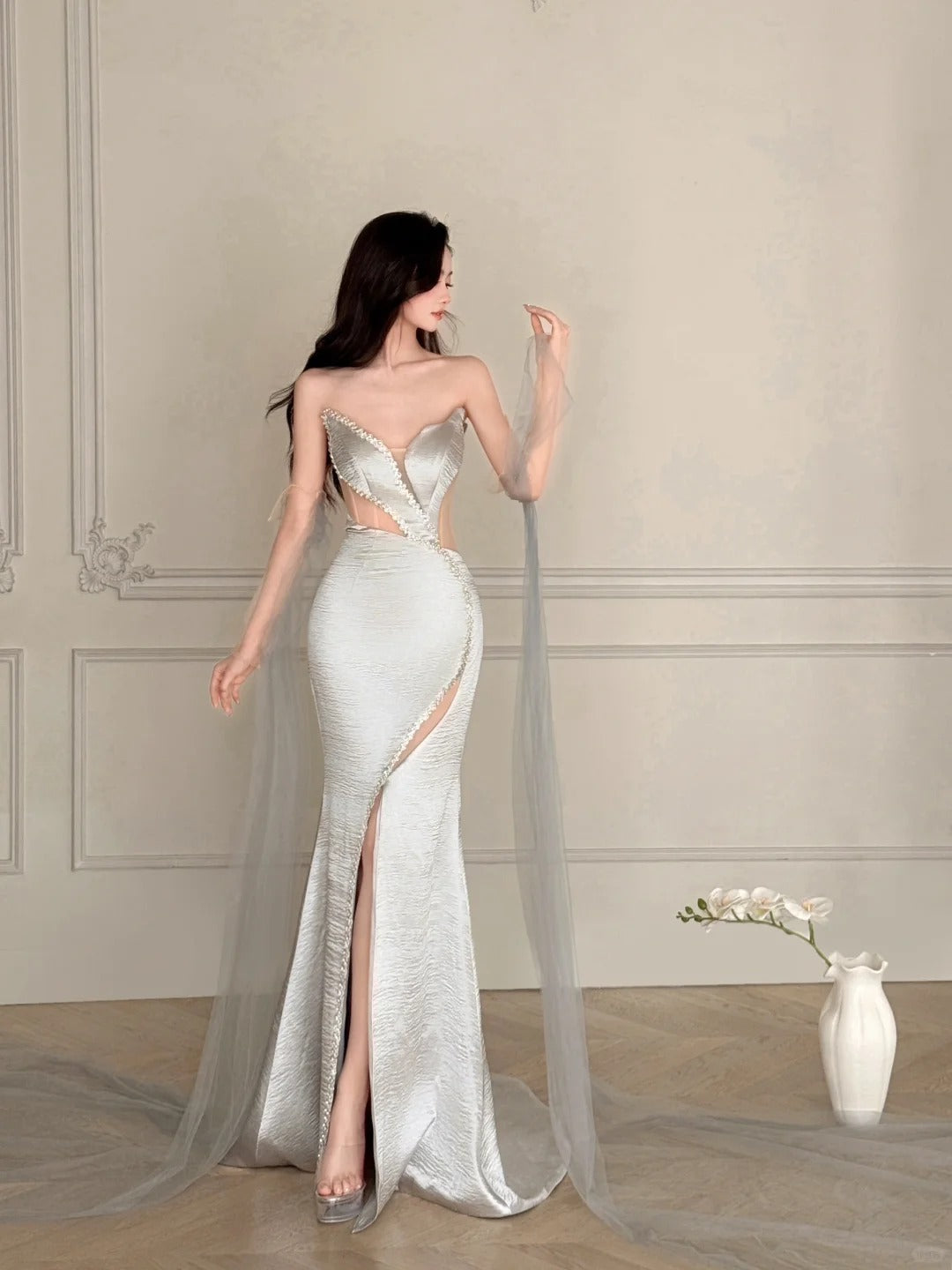 Elegant Silver-Grey Mermaid Strapless Satin Long Formal Prom Dress