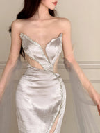 Elegant Silver-Grey Mermaid Strapless Satin Long Formal Prom Dress