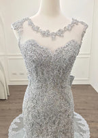 Elegant Silver Lace Bow Back Mermaid Evening Gown Dresses