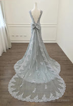 Elegant Silver Lace Bow Back Mermaid Prom Gowns Dress