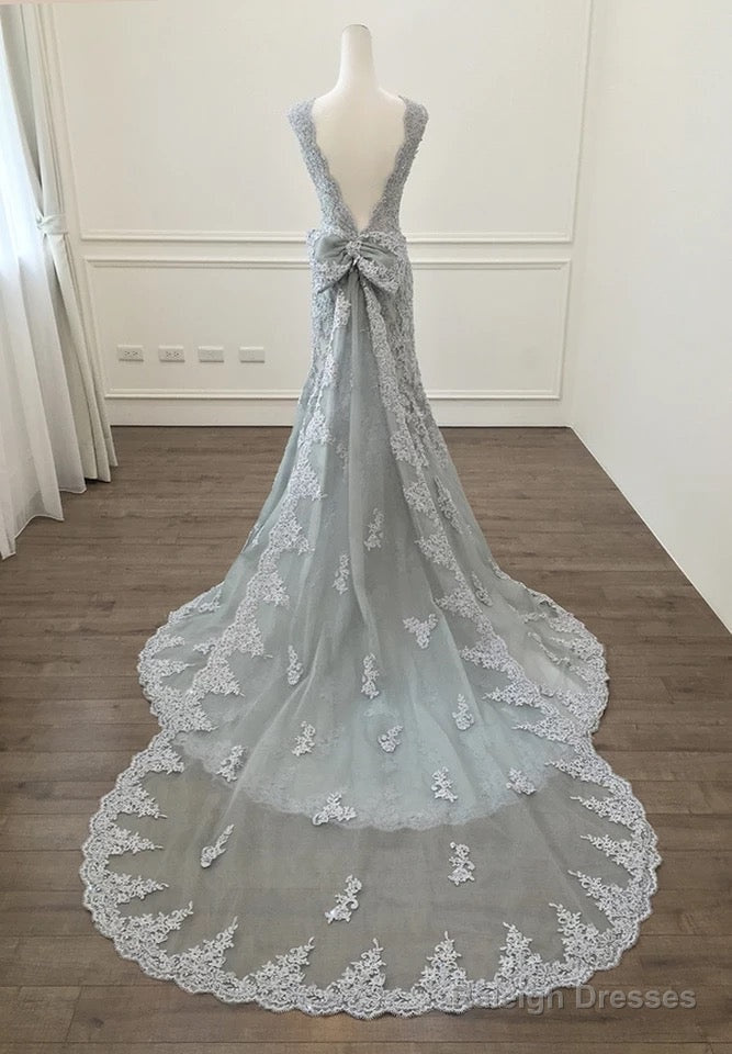 Elegant Silver Lace Bow Back Mermaid Prom Gowns Dress