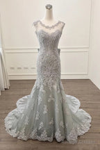 Elegant Silver Lace Bow Back Mermaid Evening Gown Dresses