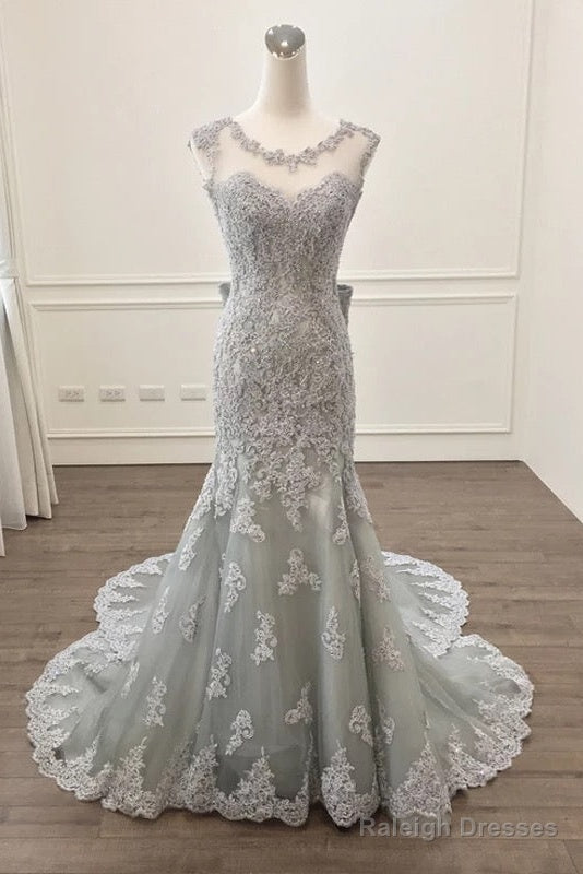 Elegant Silver Lace Bow Back Mermaid Prom Gowns Dress