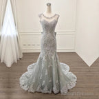 Elegant Silver Lace Bow Back Mermaid Prom Gowns Dress