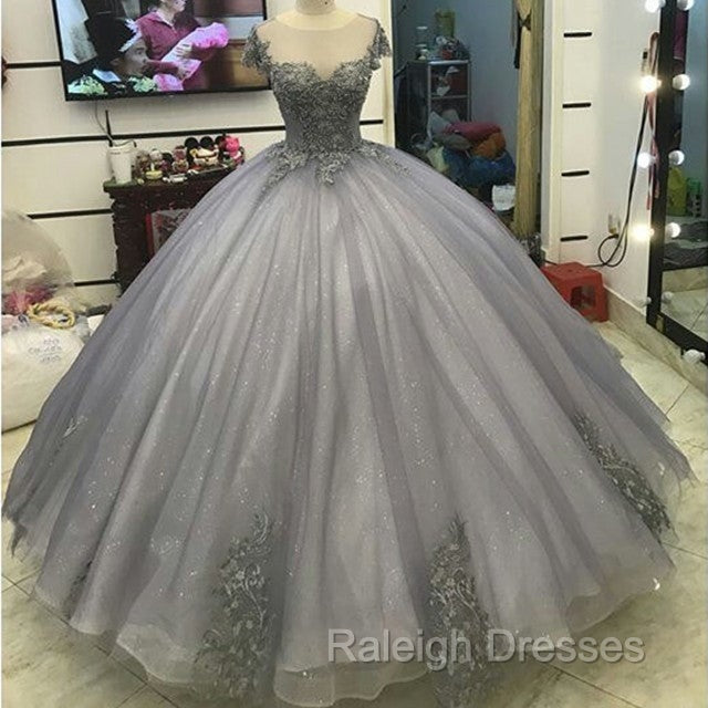 Elegant Silver Tulle Ball Gowns Prom Dresses Lace Appliques