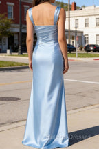 Elegant Sky Blue Sheath Pleated Satin Long Bridesmaid Dresses With Slit