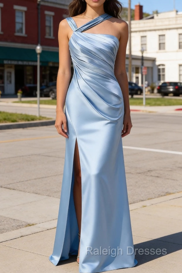 Elegant Sky Blue Sheath Pleated Satin Long Bridesmaid Dresses With Slit Main image