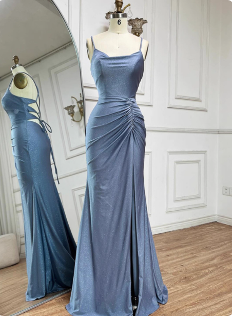 Elegant Slate Blue Spaghetti Strap Mermaid Ruched Slit Satin Long Formal Prom Dress