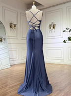 Elegant Slate Blue Spaghetti Strap Mermaid Ruched Slit Satin Long Formal Prom Dress