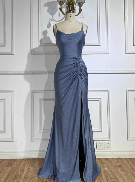 Elegant Slate Blue Spaghetti Strap Mermaid Ruched Slit Satin Long Formal Prom Dress