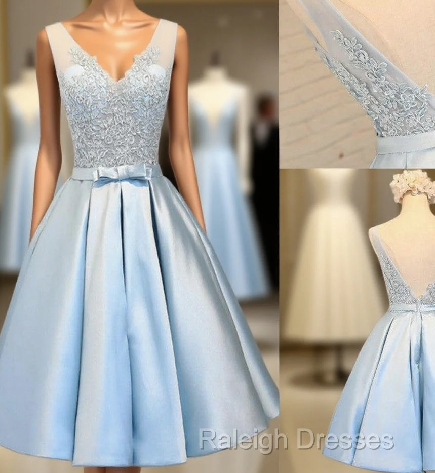 Elegant Sleeveless  Deep V Back  Appliques Clairvoyant Outfit Satin Skirt Tea Length Homecoming Dress Main image
