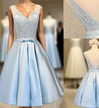 Elegant Sleeveless  Deep V Back  Appliques Clairvoyant Outfit Satin Skirt Tea Length Homecoming Dress