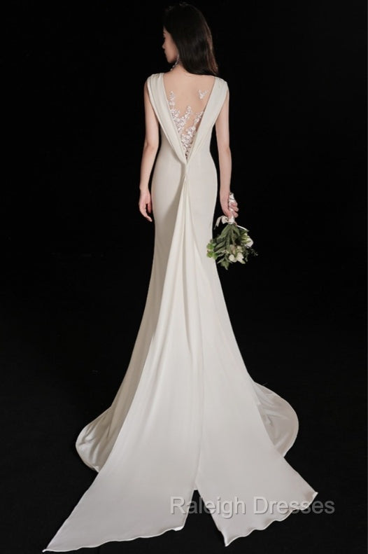 Elegant Sleeveless Mermaid Satin Simple Train Dress Wedding Dress With Lace Open Back Secondary image