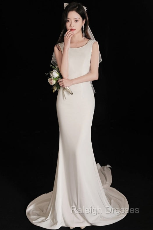 Elegant Sleeveless Mermaid Satin Simple Train Dress Wedding Dress With Lace Open Back