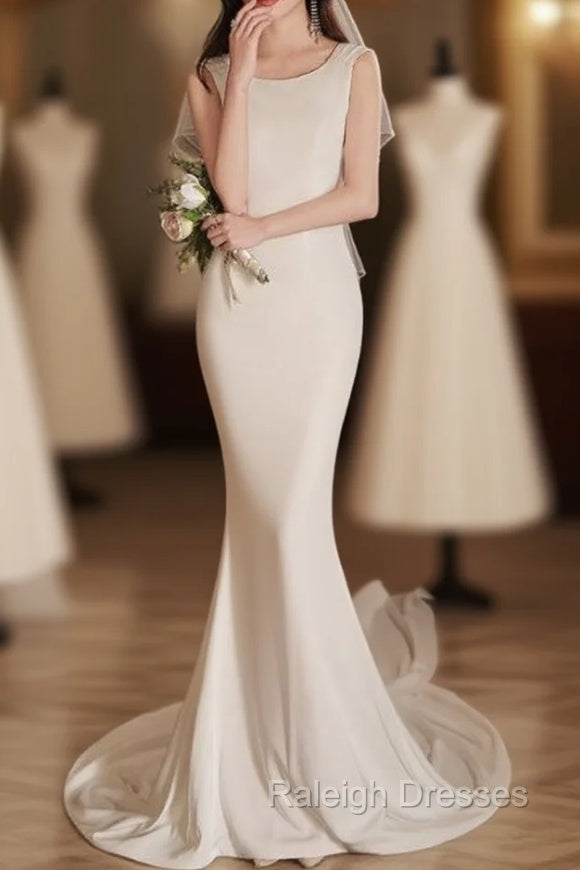 Elegant Sleeveless Mermaid Satin Simple Train Dress Wedding Dress With Lace Open Back Main image