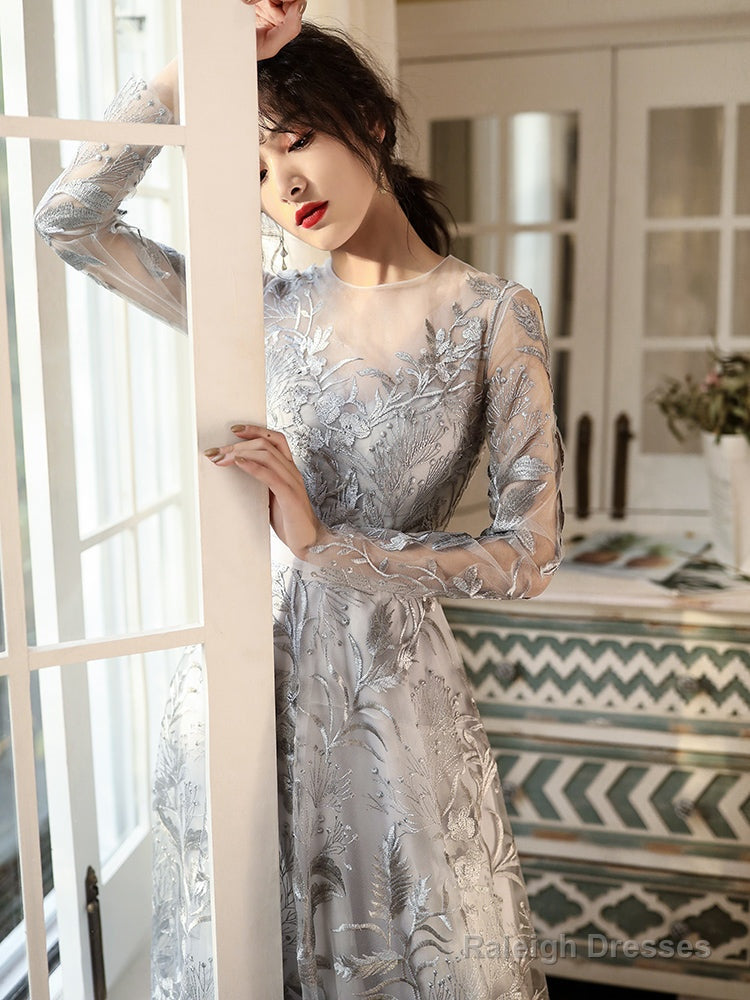 Elegant Sliver Grey Long Sleeves Long Evening Dress Party Dress, A-Line Senior Prom Dress