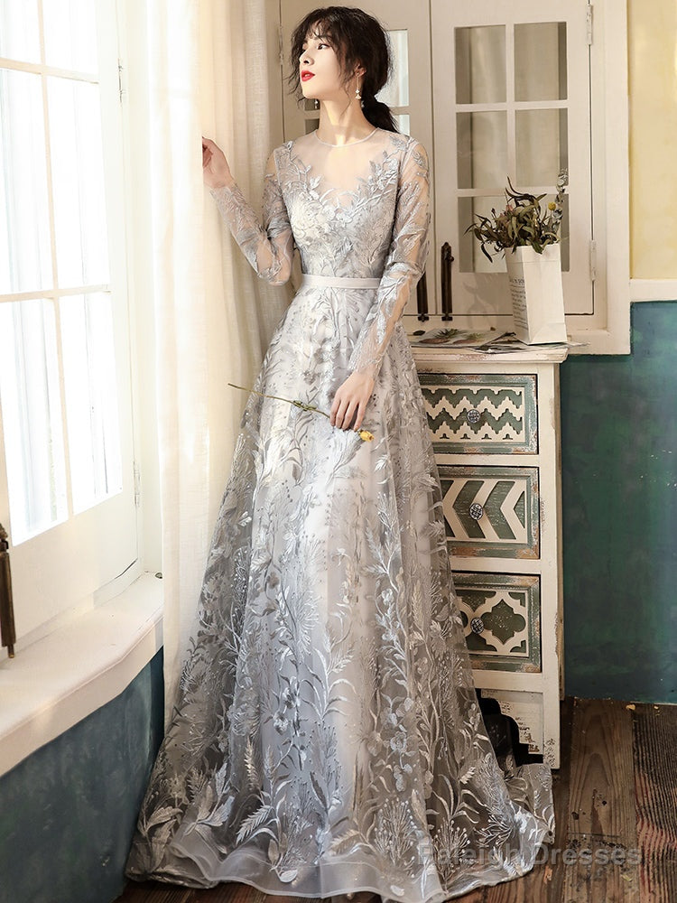 Elegant Sliver Grey Long Sleeves Long Evening Dress Party Dress, A-Line Senior Prom Dress Main image