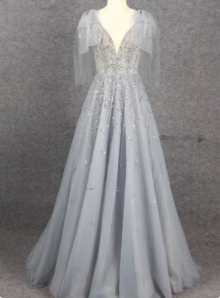 Elegant Smoky Blue Deep V Sequin Tulle Long Formal Prom Dress Bridesmaid Dress Secondary image