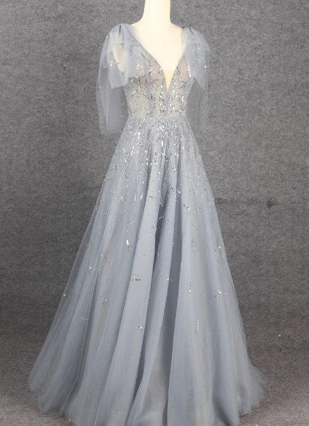 Elegant Smoky Blue Deep V Sequin Tulle Long Formal Prom Dress Bridesmaid Dress Main image