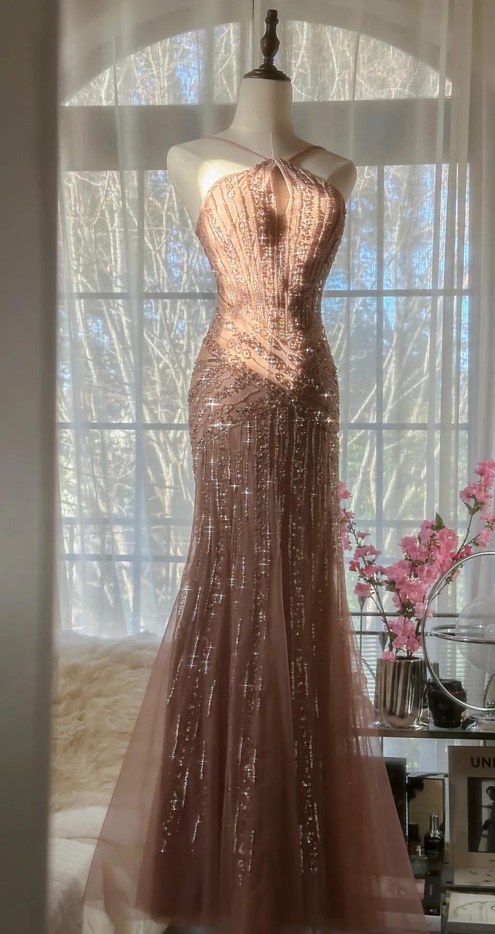 Elegant Blush Pink Spaghetti Strap Mermaid Tulle Sequin Prom Dresses Long Beaded Graduation Prom Adult Ceremony Dresses Secondary image