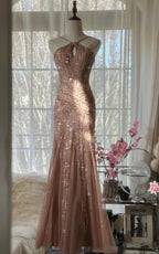 Elegant Blush Pink Spaghetti Strap Mermaid Tulle Sequin Prom Dresses Long Beaded Graduation Prom Adult Ceremony Dresses