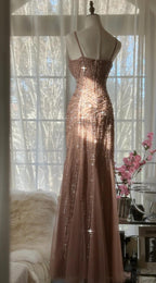 Elegant Blush Pink Spaghetti Strap Mermaid Tulle Sequin Prom Dresses Long Beaded Graduation Prom Adult Ceremony Dresses