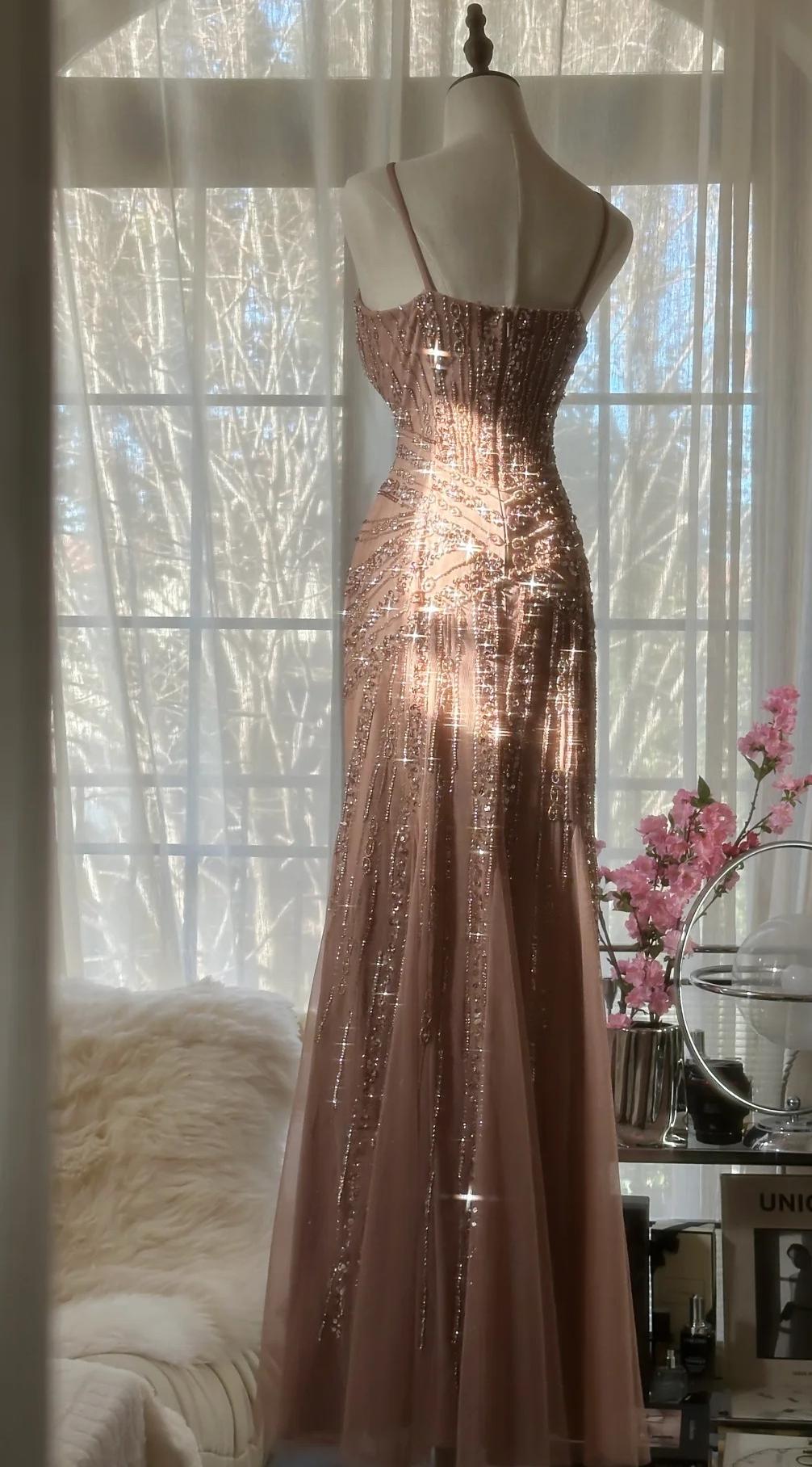 Elegant Blush Pink Spaghetti Strap Mermaid Tulle Sequin Prom Dresses Long Beaded Graduation Prom Adult Ceremony Dresses