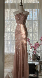 Elegant Blush Pink Spaghetti Strap Mermaid Tulle Sequin Prom Dresses Long Beaded Graduation Prom Adult Ceremony Dresses