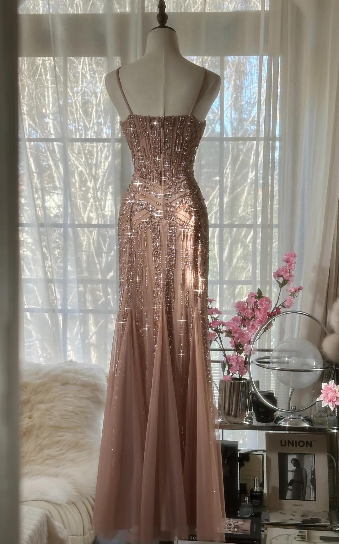 Elegant Blush Pink Spaghetti Strap Mermaid Tulle Sequin Prom Dresses Long Beaded Graduation Prom Adult Ceremony Dresses