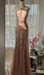 Elegant Blush Pink Spaghetti Strap Mermaid Tulle Sequin Prom Dresses Long Beaded Graduation Prom Adult Ceremony Dresses
