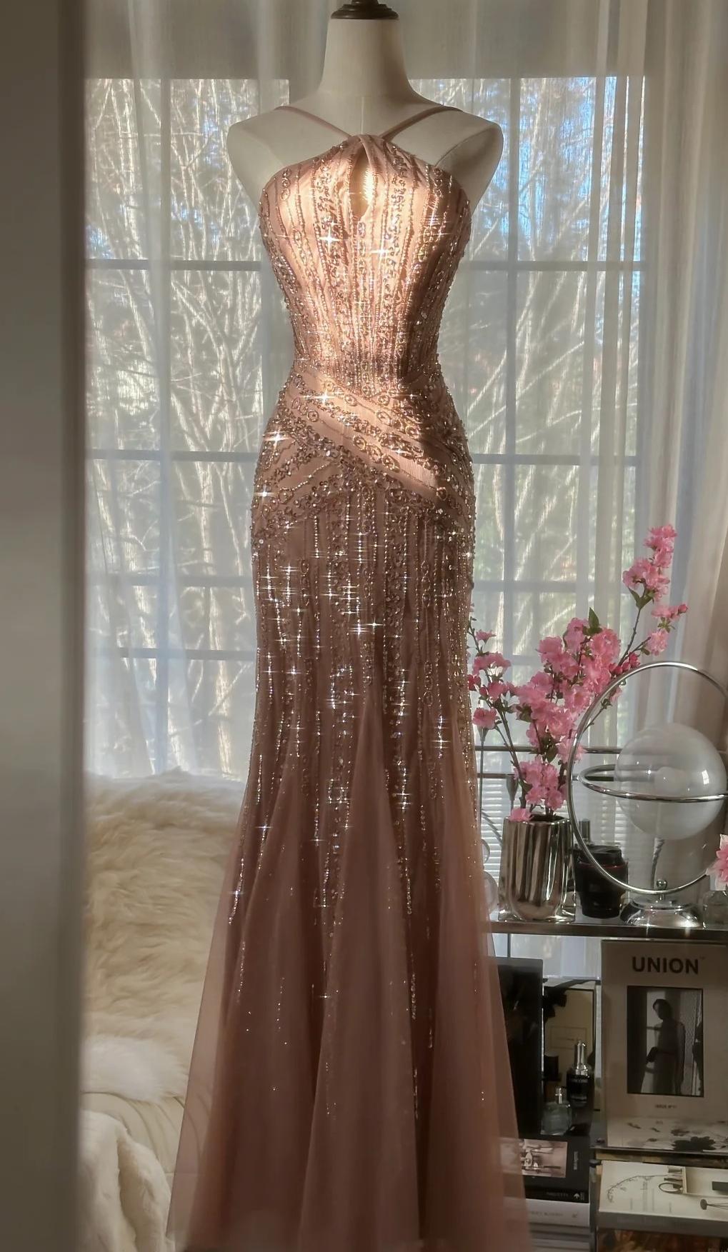 Elegant Blush Pink Spaghetti Strap Mermaid Tulle Sequin Prom Dresses Long Beaded Graduation Prom Adult Ceremony Dresses