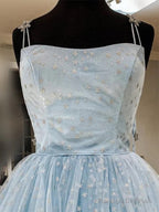 Elegant Spaghetti Straps A-Line Tulle Light Blue Homecoming Dresses,