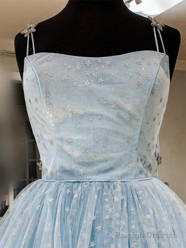 Elegant Spaghetti Straps A-Line Tulle Light Blue Homecoming Dresses,