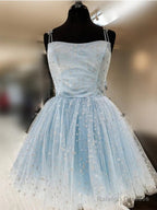 Elegant Spaghetti Straps A-Line Tulle Light Blue Homecoming Dresses,
