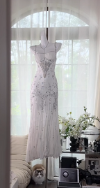 Elegant Spaghetti Straps Apricot Beaded Chiffon Mermaid Gown Vintage Backless Prom Dresses