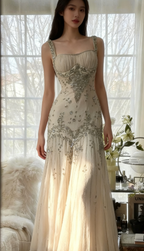Elegant Spaghetti Straps Apricot Beaded Chiffon Mermaid Gown Vintage Backless Prom Dresses