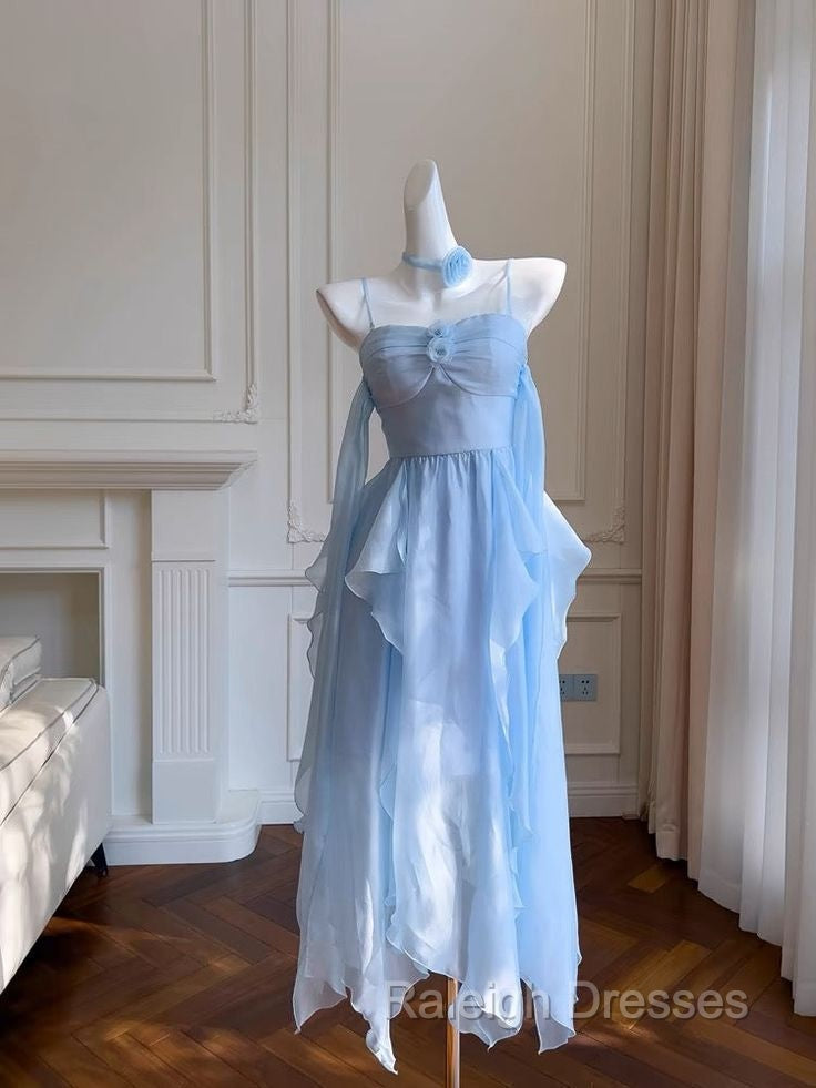 Elegant Spaghetti Straps Blue Chiffon Homecoming Dress Birthday Dress